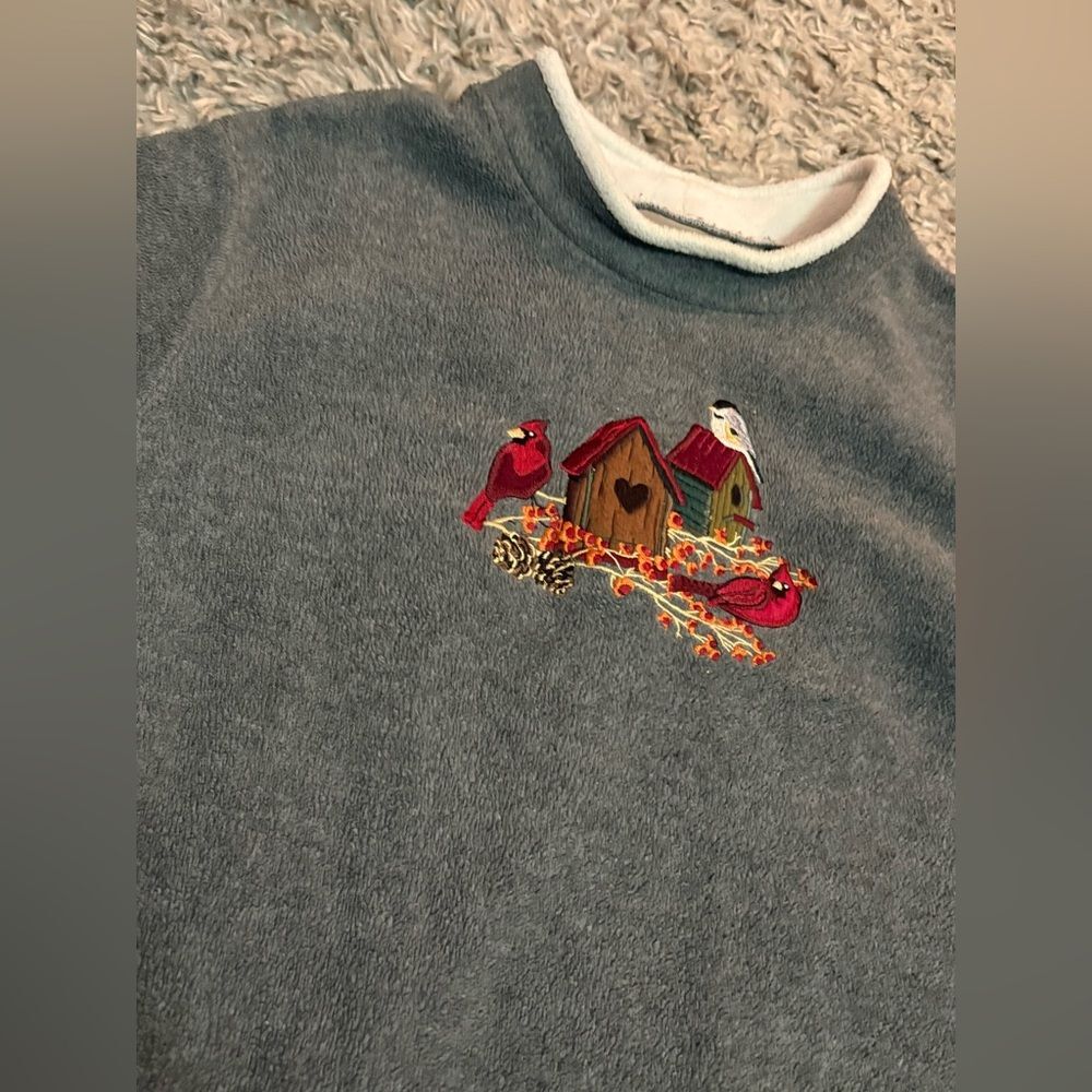 CROFT + BARROW ✨ Y2K Gray Sweater cardinal Birdhouse Embroidery great cond